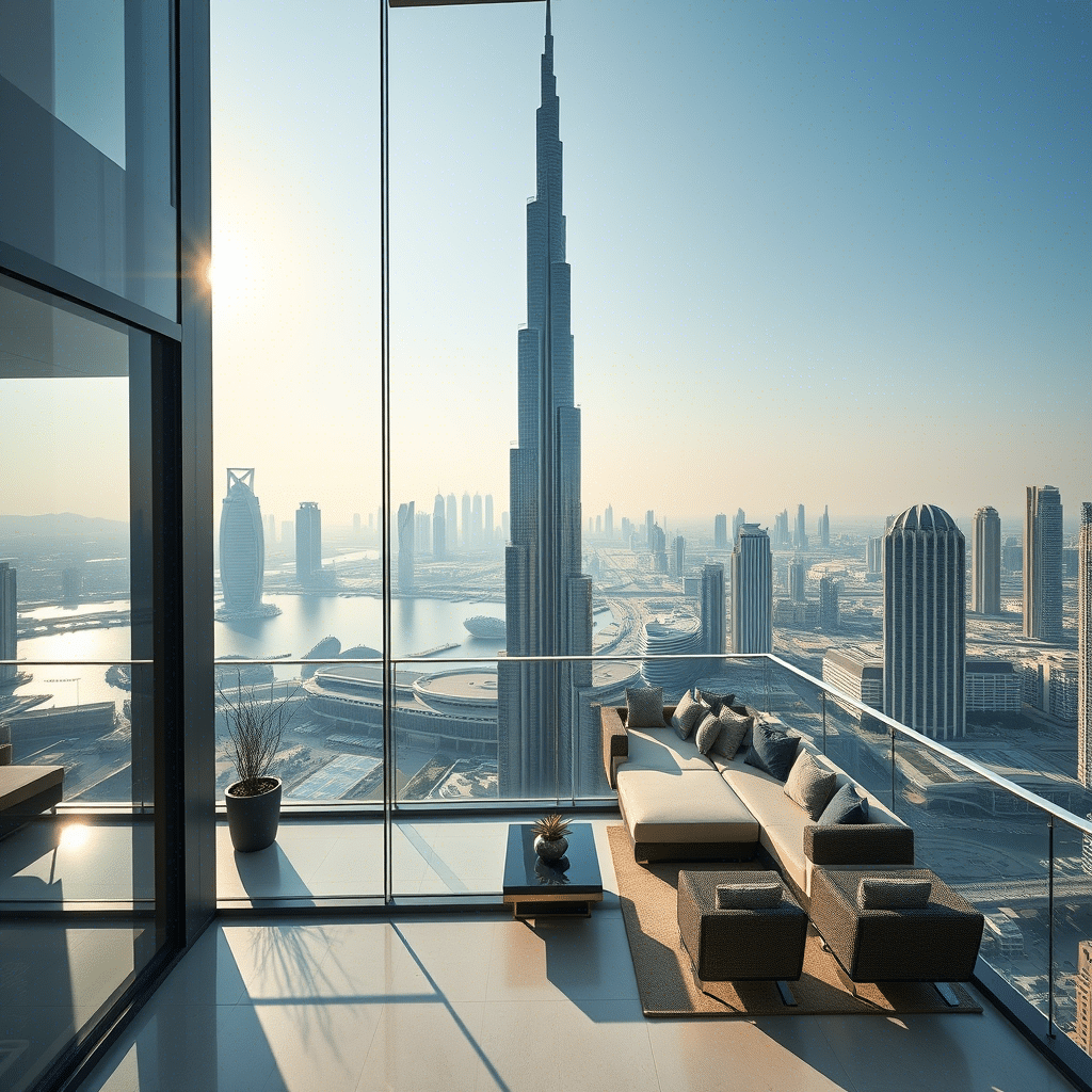 A panoramic view of Dubai's skyline from a contemporary apartment, showcasing the city's modern architecture and urban landscape.