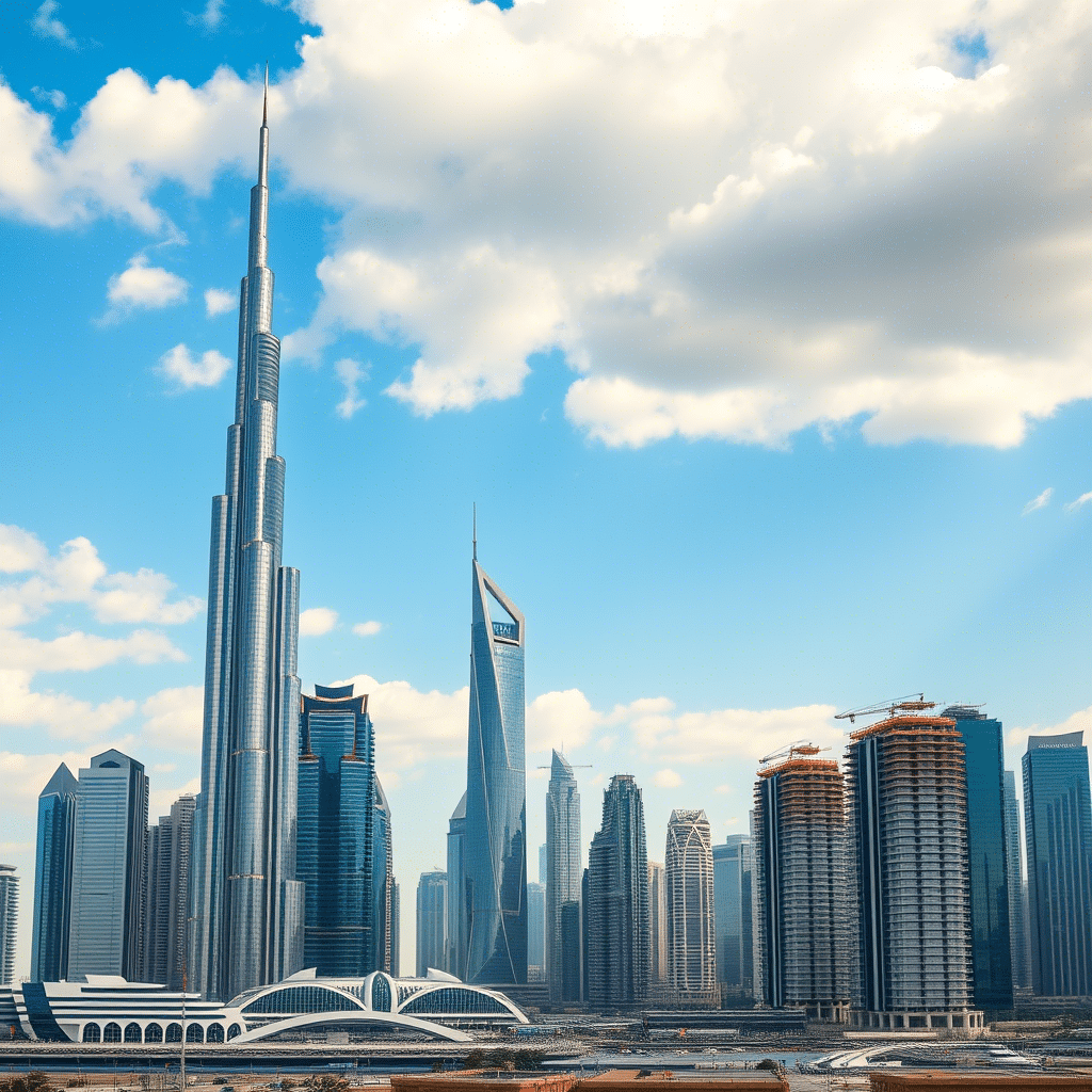 Dubai skyline with Burj Khalifa, skyscrapers, and a futuristic transport hub under a blue sky.
