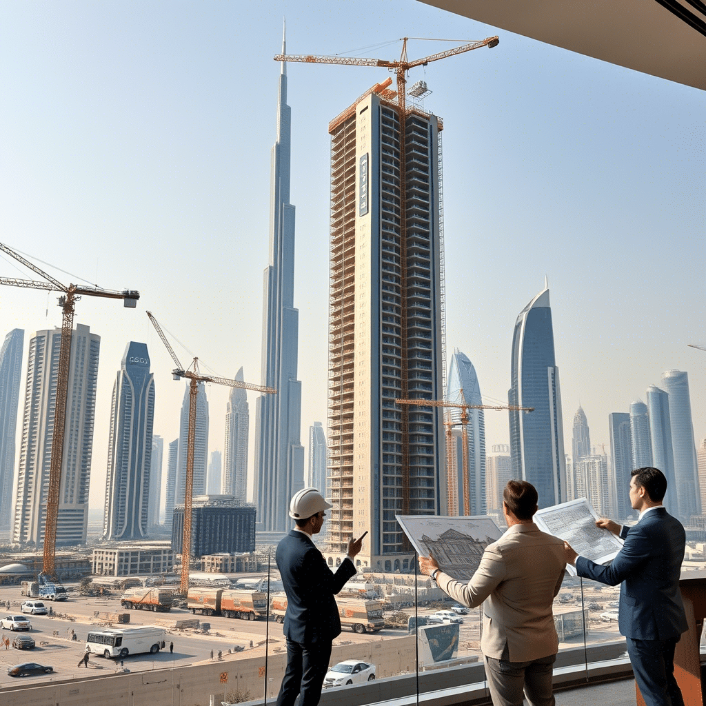 Engineers and architects review construction plans on a balcony overlooking a high-rise building under construction in Downtown Dubai, with Burj Khalifa in the background.
