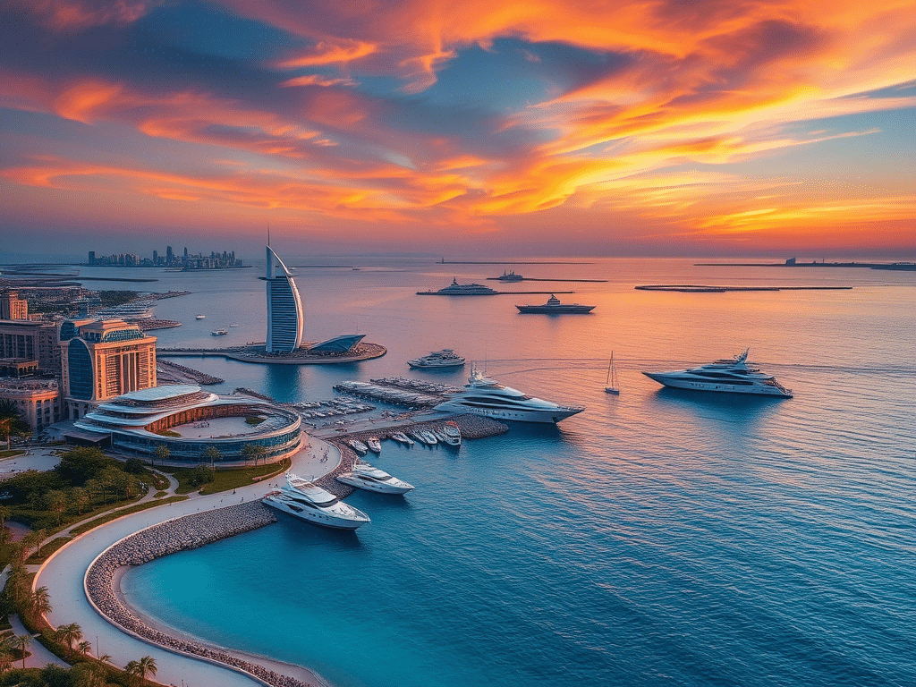 A stunning sunset view over Dubai, highlighting the luxurious coastal features of Sunset Bay 4 and its investment appeal.