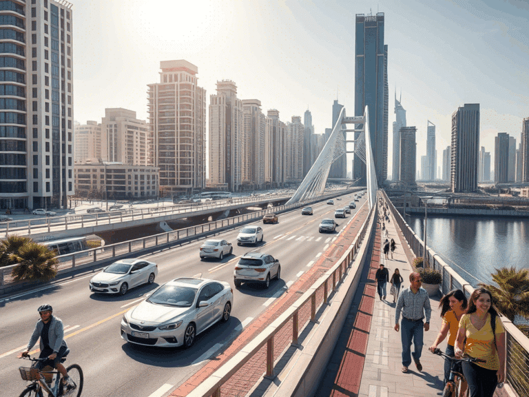 Pedestrians on a bridge overlooking a bustling city street in Dubai, showcasing the Al Shindagha Corridor's traffic improvements.