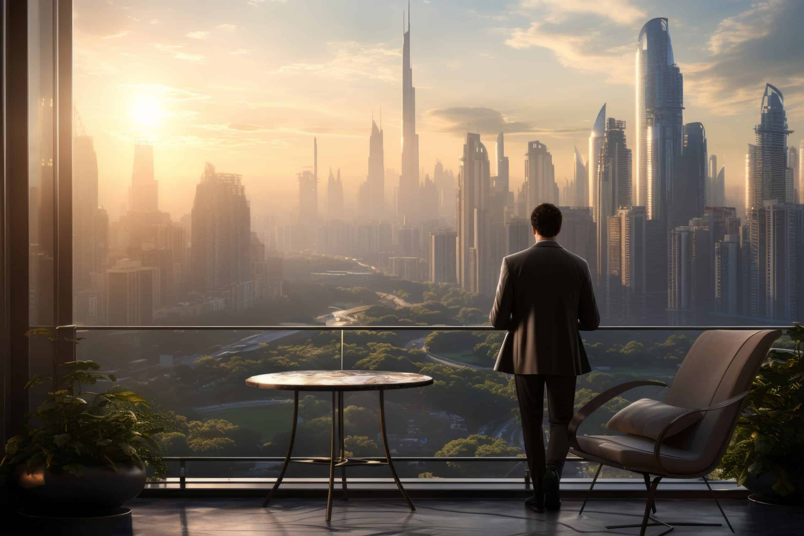 A man in a suit stands on a high-rise balcony at sunset, gazing at a futuristic cityscape filled with towering, sleek skyscrapers and lush green spaces below.