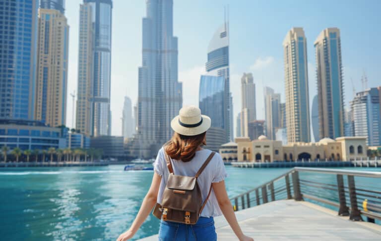 A woman wearing a sunhat and backpack stands on a waterfront promenade, gazing at the modern skyline of Dubai with iconic skyscrapers rising above the turquoise water.
